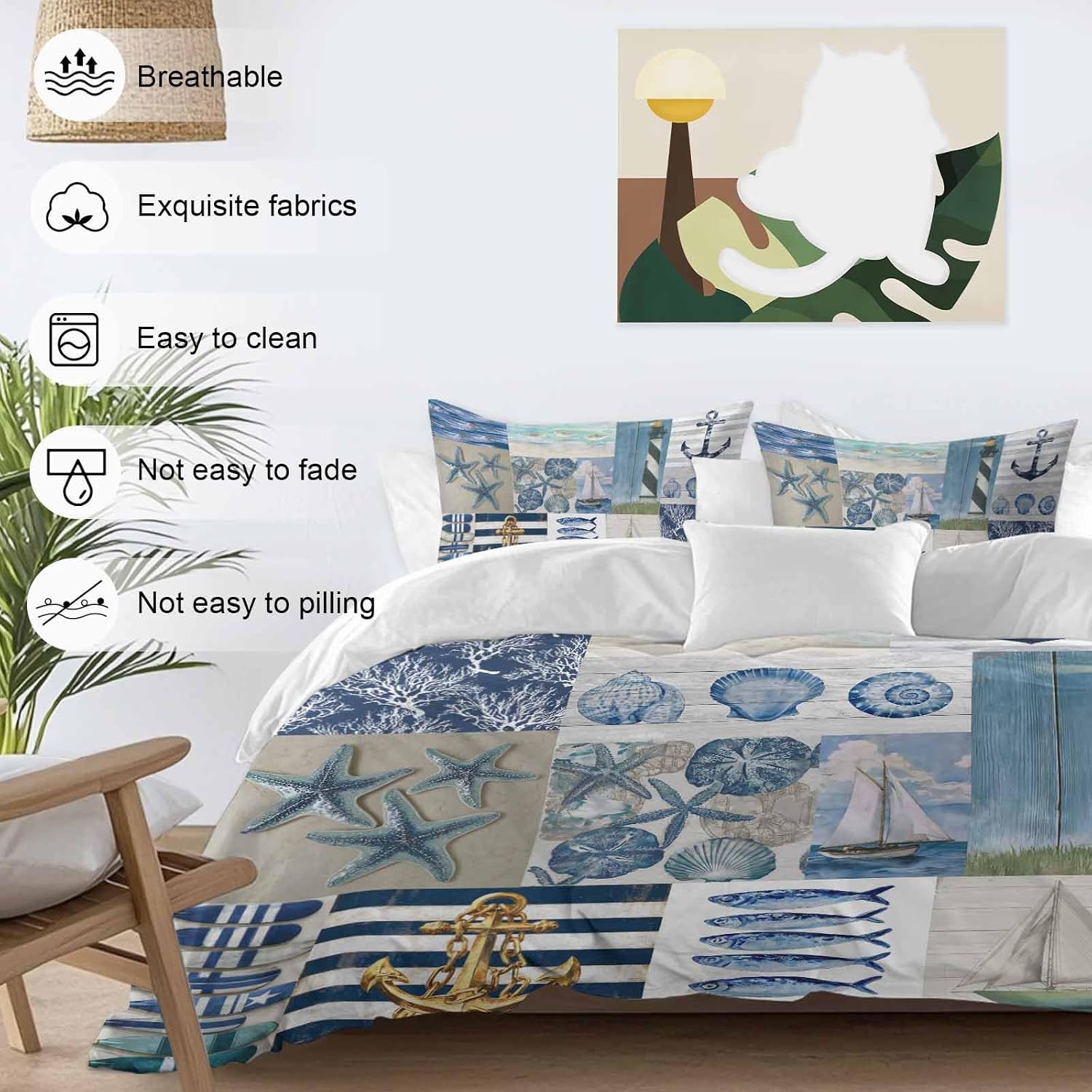 Summer Nautical Duvet Cover Set Queen Size 4 Pieces Blue Starfish Shells Anchor Boat Patchwork Bedding Set with Zipper Closure, 1 Comforter Cover 90x92 Inches 1 Flat Sheet & 2 Pillow Cases