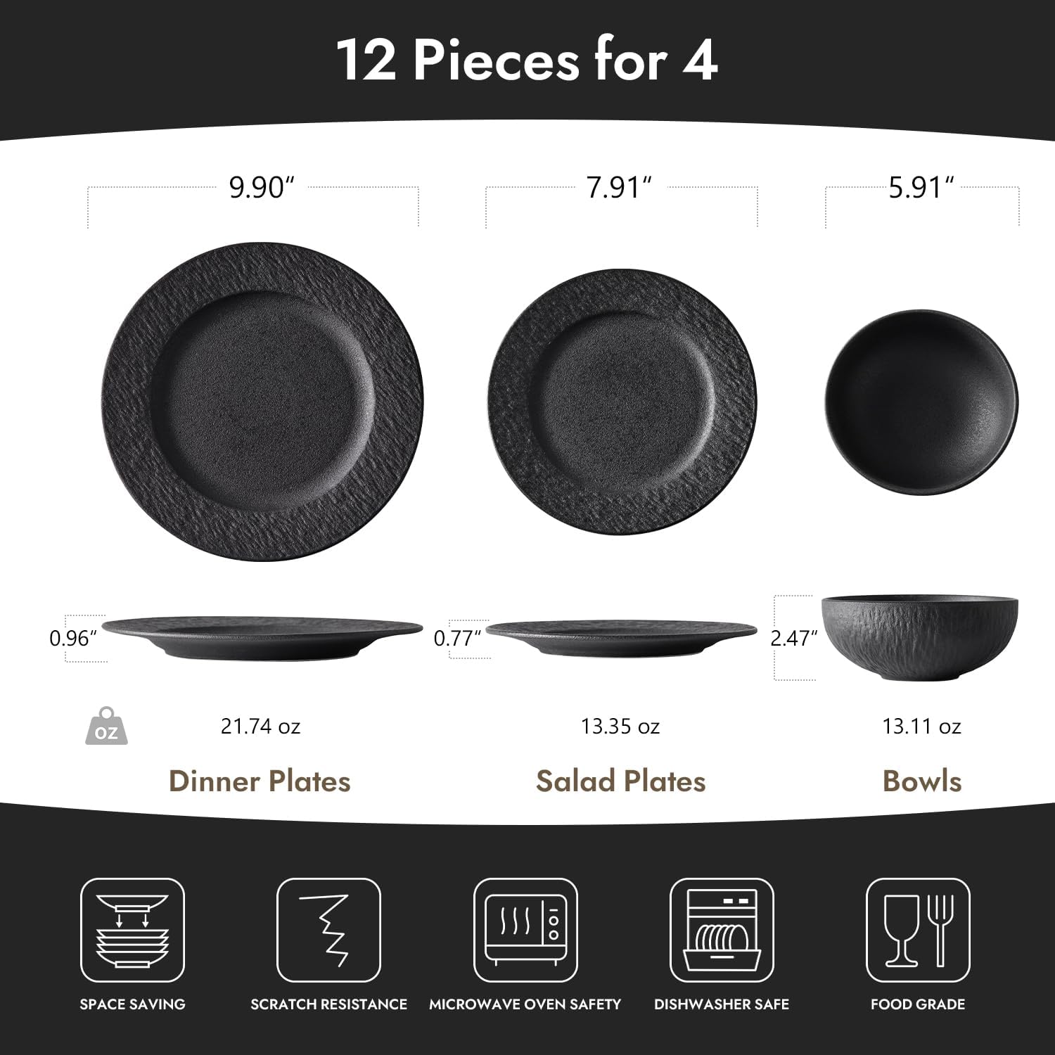 KINGSTONE Black Dinnerware Sets, 12-Piece Matte Marble Pattern Premium Porcelain, Place Setting with Dinner Plate, Salad Plate, Pasta Bowl, Microwave and Dishwasher Safe
