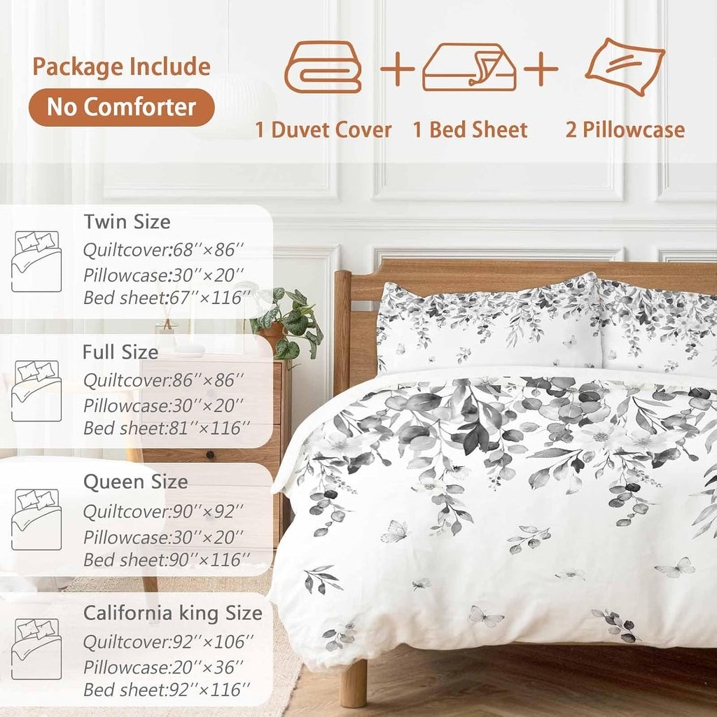 Summer Botanical Duvet Cover Set Queen Size 4 Pieces Gray Eucalyptus Leaves Rustic Farmhouse Pastoral Bedding Set with Zipper Closure, 1 Comforter Cover 90x92 Inches 1 Flat Sheet & 2 Pillow Cases