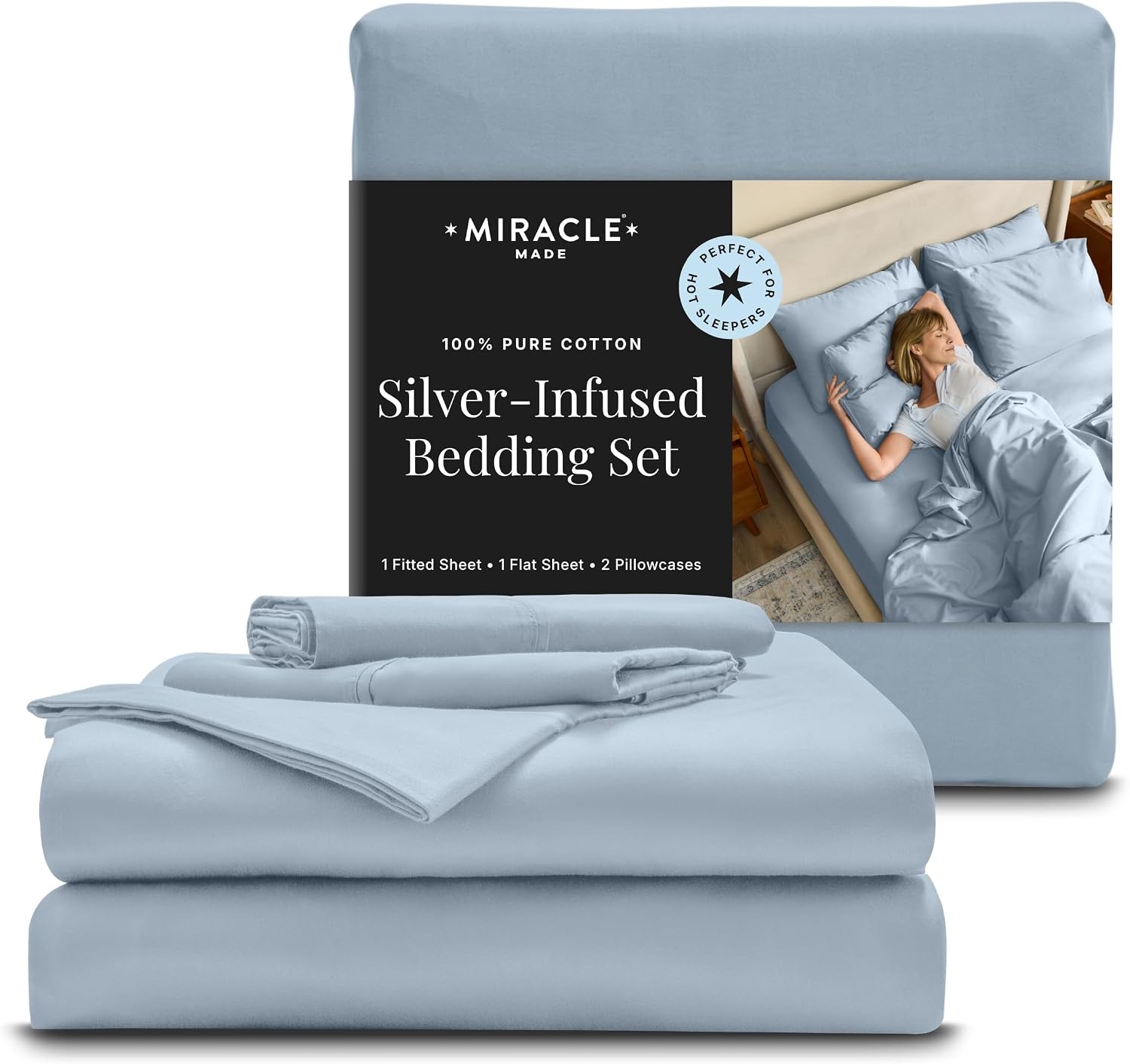 Miracle Made Breathable Cotton Bed Sheets, 4-Piece Set – Silver-Treated, Soft and Cool-to-the-Touch Lightweight Bedding Designed for Hot Sleepers – Queen Size, Sky Blue