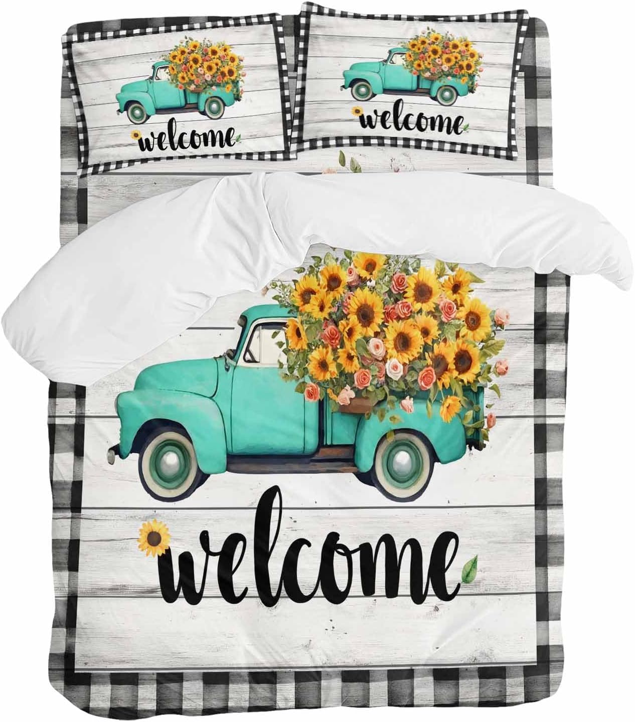 Welcome Duvet Cover Set Queen Size 4 Pieces Summer Flowers Truck Wood Grain Black White Lattice Frame Bedding Set with Zipper Closure, 1 Comforter Cover 90x92 Inches 1 Flat Sheet & 2 Pillow Cases
