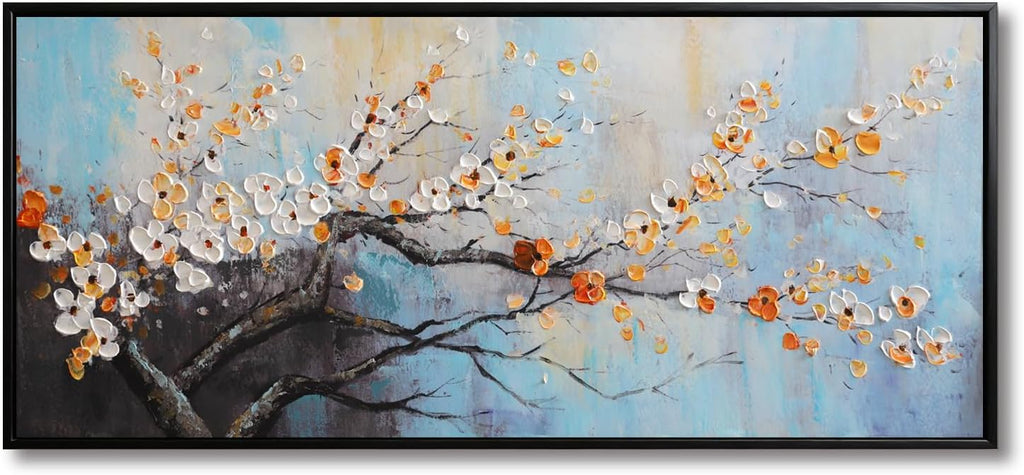 Hand-Painted Plum Blossom Wall Art for Living Room, Large 3D Texture Floral Canvas Oil Painting for Bedroom, Modern Black Framed Artwork for Above Sofa Office Kitchen Ready to Hang 24x56 Inches