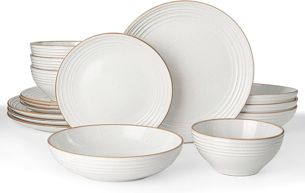 Famiware Jupiter 16-Piece Stoneware Dinnerware Set for 4 - Includes Pasta Bowl & Dinner Plate, Handcrafted Dishes with Speckles & Embossed Swirls, Chip & Scratch Resistant, Daily & Formal Use, White