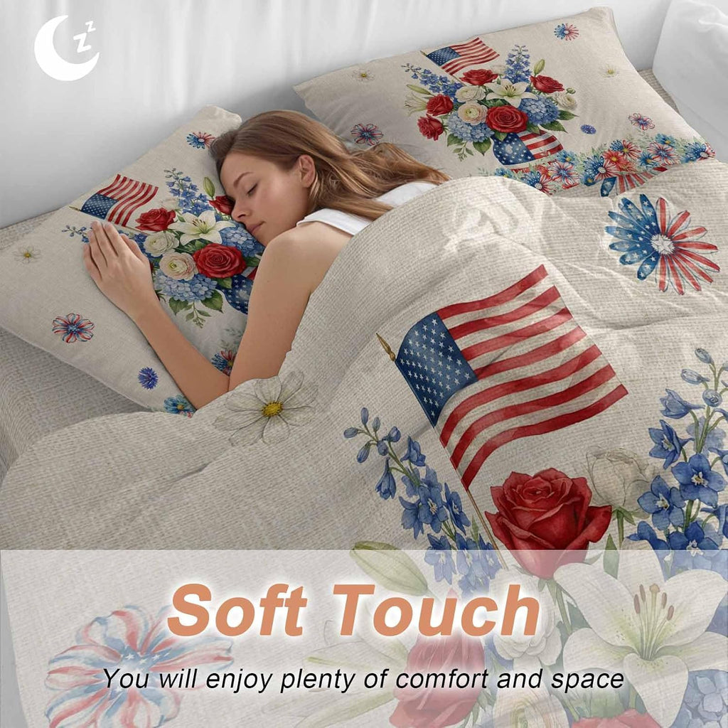 Independence Day Duvet Cover Set Queen Size 4 Pieces Red Blue USA Flag Penang Flower Stars Linen Texture Bedding Set with Zipper Closure, 1 Comforter Cover 90x92 Inches 1 Flat Sheet & 2 Pillow Cases