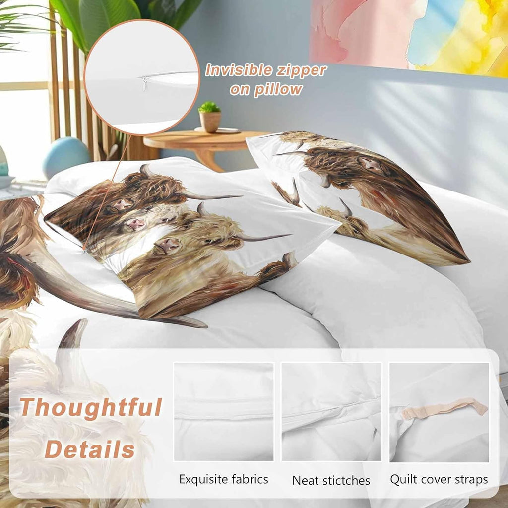 Prime Leader Farm Highland Cattles Duvet Cover Set Queen Size 4 Pieces Farmhouse Brown Cow Rustic Country Bedding Set with Zipper Closure, 1 Comforter Cover 90x92 Inches 1 Flat Sheet & 2 Pillow Cases