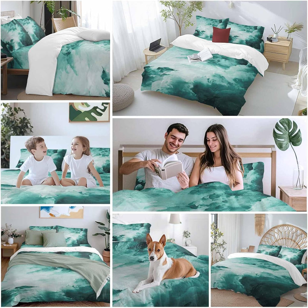Prime Leader Clouds Duvet Cover Set Queen Size 4 Pieces Abstract Gradient Green Clouds Sky Bedding Set with Zipper Closure, 1 Comforter Cover 86x86 Inches 1 Flat Sheet & 2 Pillow Cases