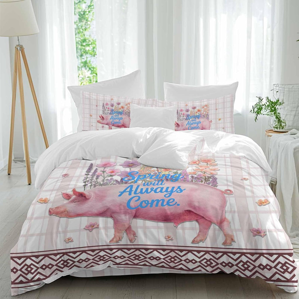 Spring Will Always Come Duvet Cover Set Queen Size 4 Pieces Funny Pig Rustic Wildflower Pink Stripes Bedding Set with Zipper Closure, 1 Comforter Cover 92x106 Inches 1 Flat Sheet & 2 Pillow Cases
