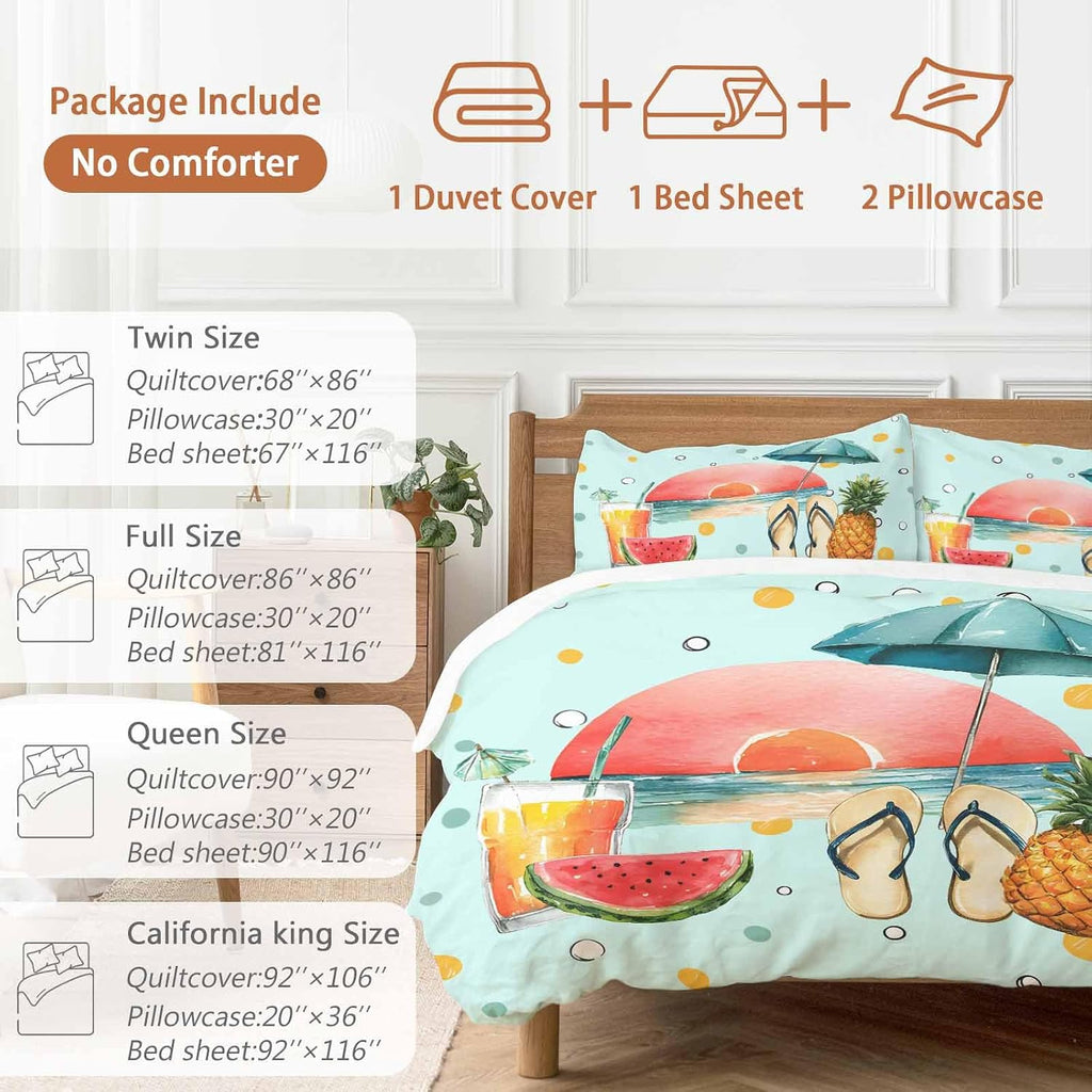 Summer Beach Duvet Cover Set Queen Size 4 Pieces Watermelon Pineapple Umbrella Polka Dot Blue Bedding Set with Zipper Closure, 1 Comforter Cover 86x86 Inches 1 Flat Sheet & 2 Pillow Cases