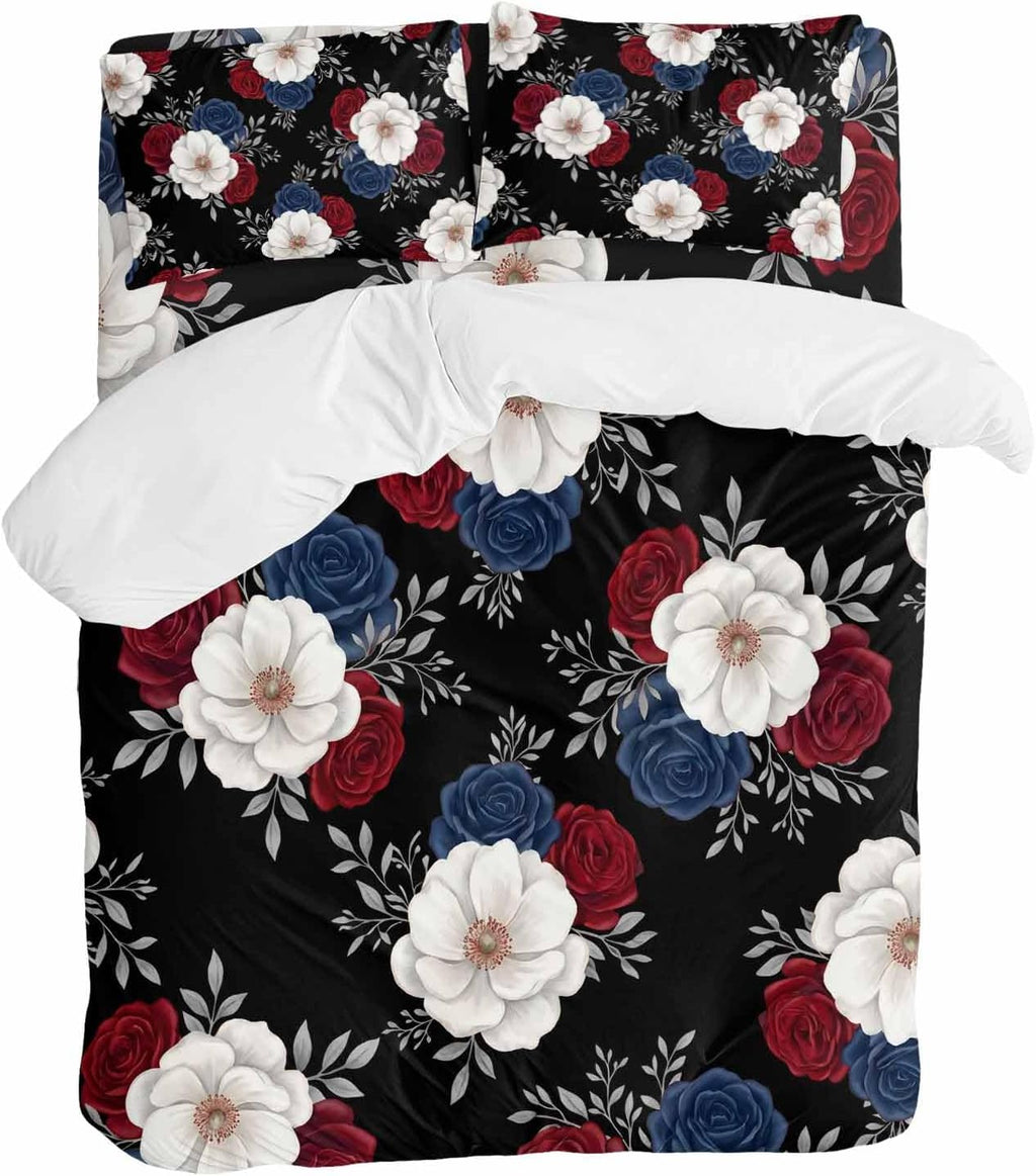 Prime Leader Independence Day Duvet Cover Set Queen Size 4 Pieces Red Blue White Roses Floral Leaf Black Bedding Set with Zipper Closure, 1 Comforter Cover 90x92 Inches 1 Flat Sheet & 2 Pillow Cases