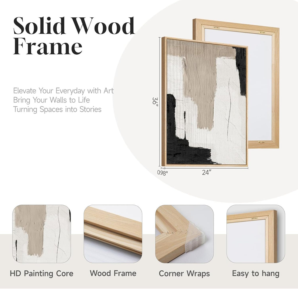 Large Framed Abstract Neutral Wall Art for Living Room, 3 Piece Black and White Beige Modern Canvas Prints Artwork for Walls, Minimalist Mid Century Painting Wall Decor Hallway Dining Room, 24x36 Inch