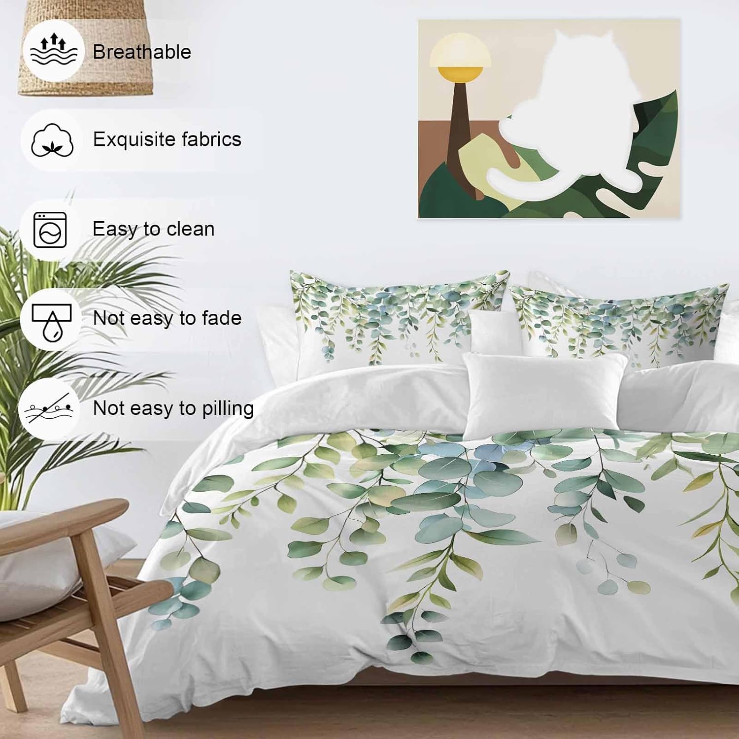 Prime Leader Green Leaves Duvet Cover Set Queen Size 4 Pieces Eucalyptus Leaf Watercolor Plant Botanical Bedding Set with Zipper Closure, 1 Comforter Cover 90x92 Inches 1 Flat Sheet & 2 Pillow Cases