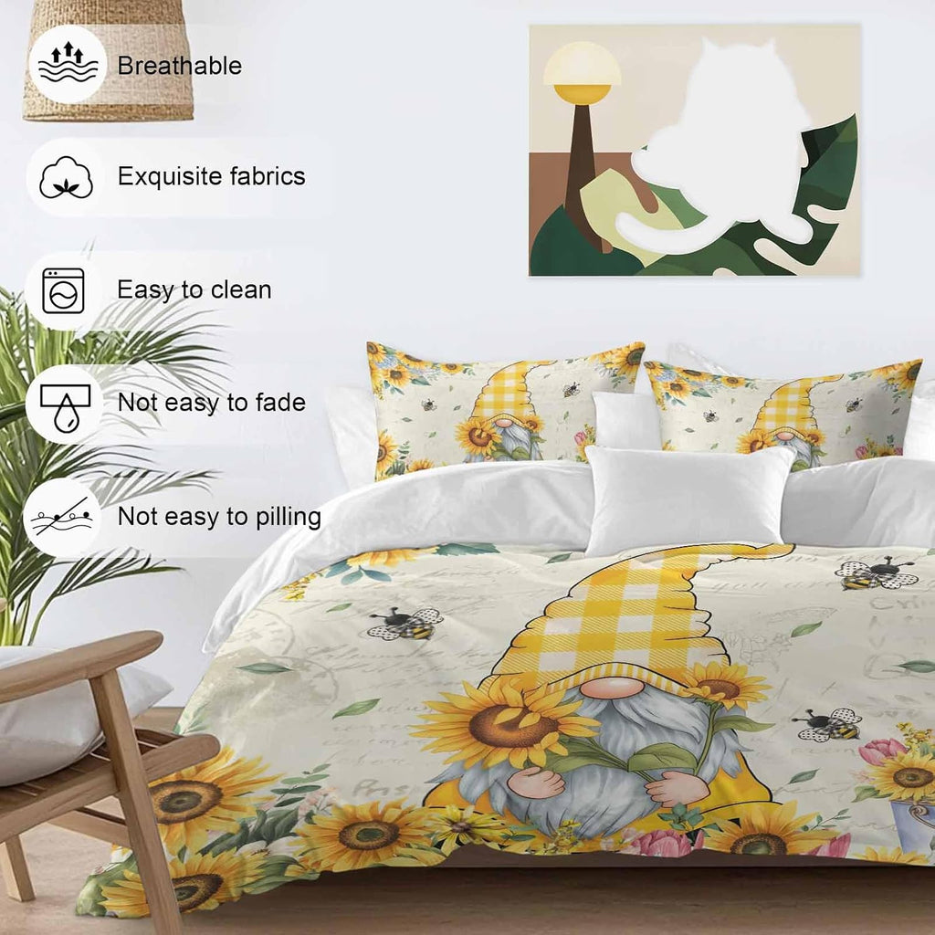 Prime Leader Sunflower Gnome Duvet Cover Set Queen Size 4 Pieces Bee Yellow Flower Leaf Spring Plant Farm Bedding Set with Zipper Closure, 1 Comforter Cover 86x86 Inches 1 Flat Sheet & 2 Pillow Cases