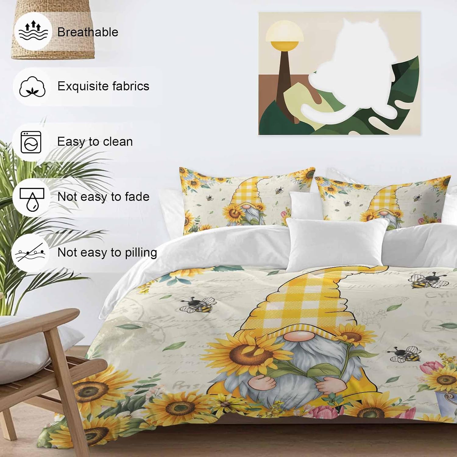 Prime Leader Sunflower Gnome Duvet Cover Set Queen Size 4 Pieces Bee Yellow Flower Leaf Spring Plant Farm Bedding Set with Zipper Closure, 1 Comforter Cover 86x86 Inches 1 Flat Sheet & 2 Pillow Cases