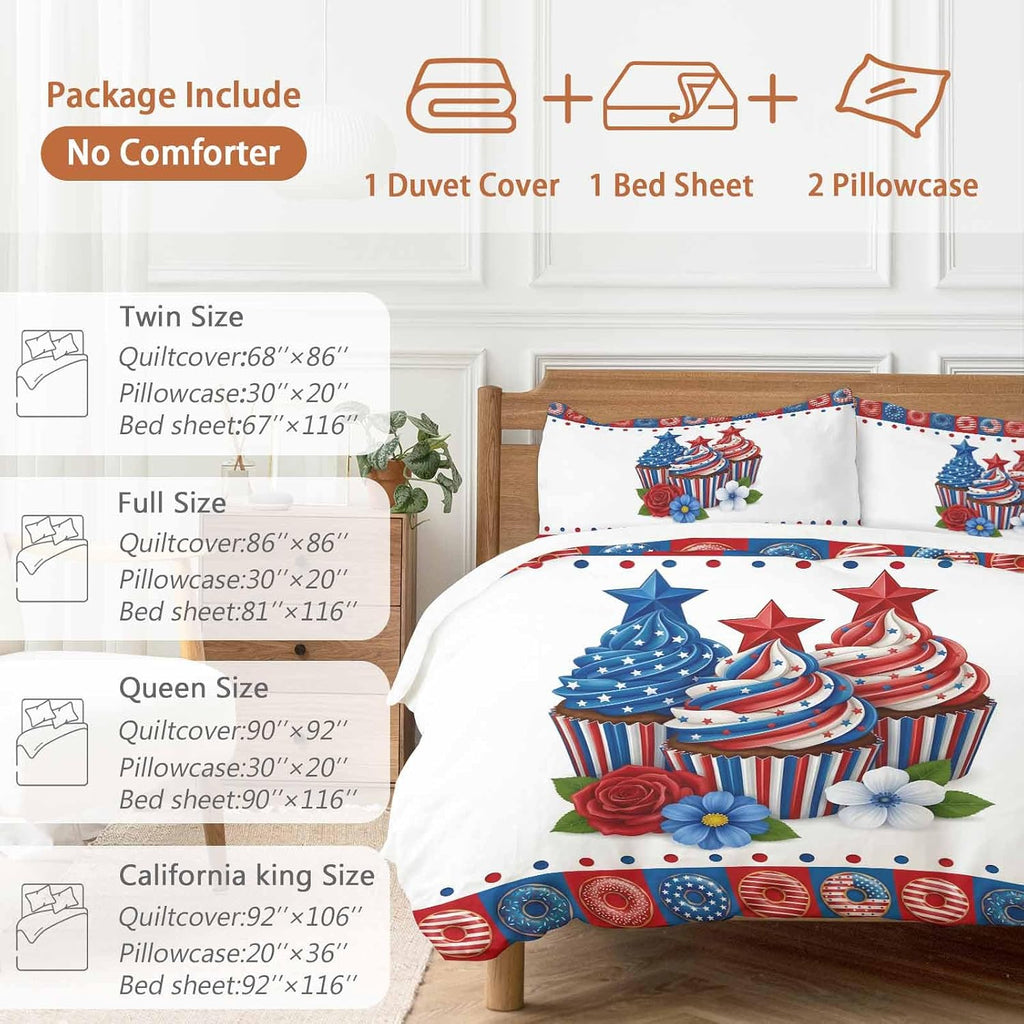 Independence Day Cupcakes Duvet Cover Set Queen Size 4 Pieces 4th of July Red Blue White Star Rose Flower Bedding Set with Zipper Closure, 1 Comforter Cover 92x106 Inches 1 Flat Sheet & 2 Pillow Cases