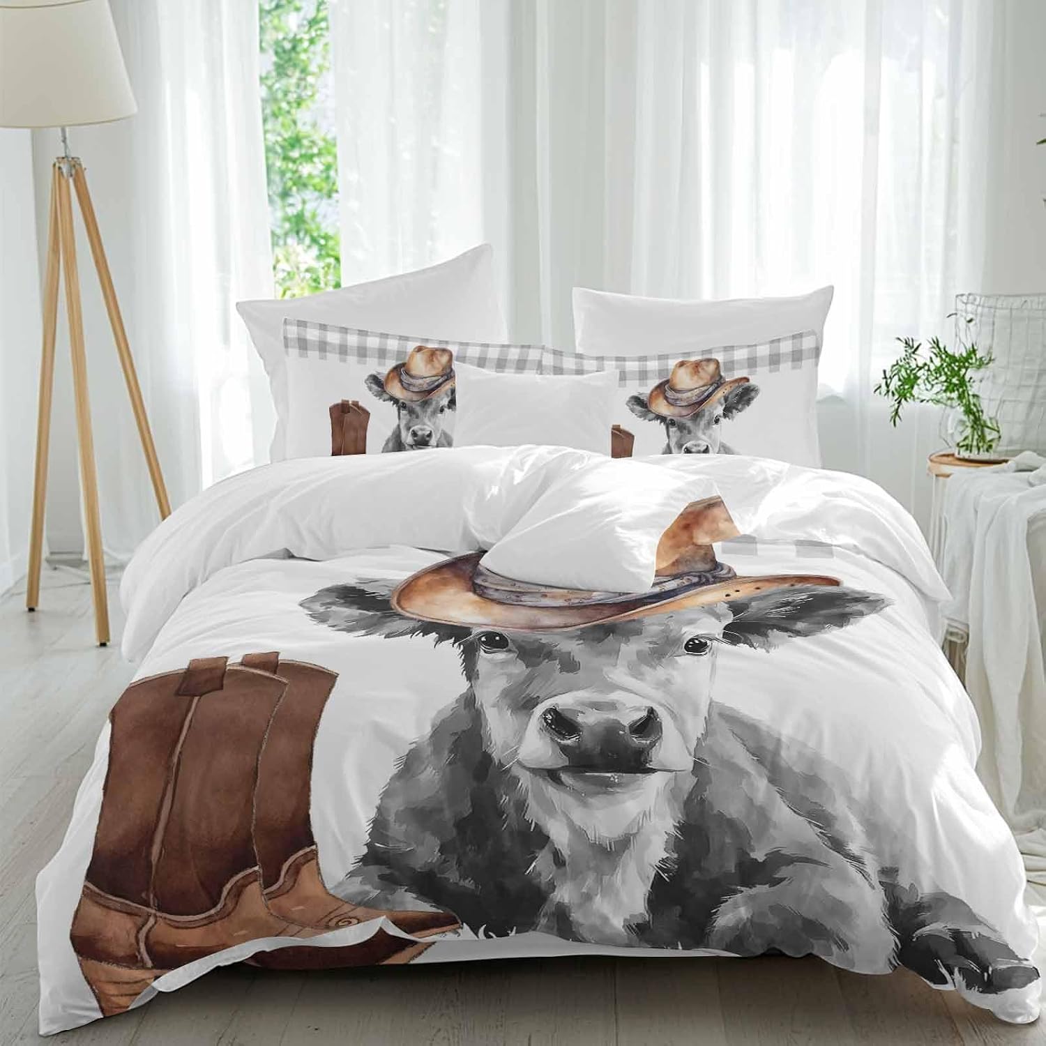 Farmhouse Cow Duvet Cover Set Queen Size 4 Pieces Grey Animal with Cowboy Hats Western Boots Plaid Bedding Set with Zipper Closure, 1 Comforter Cover 90x92 Inches 1 Flat Sheet & 2 Pillow Cases