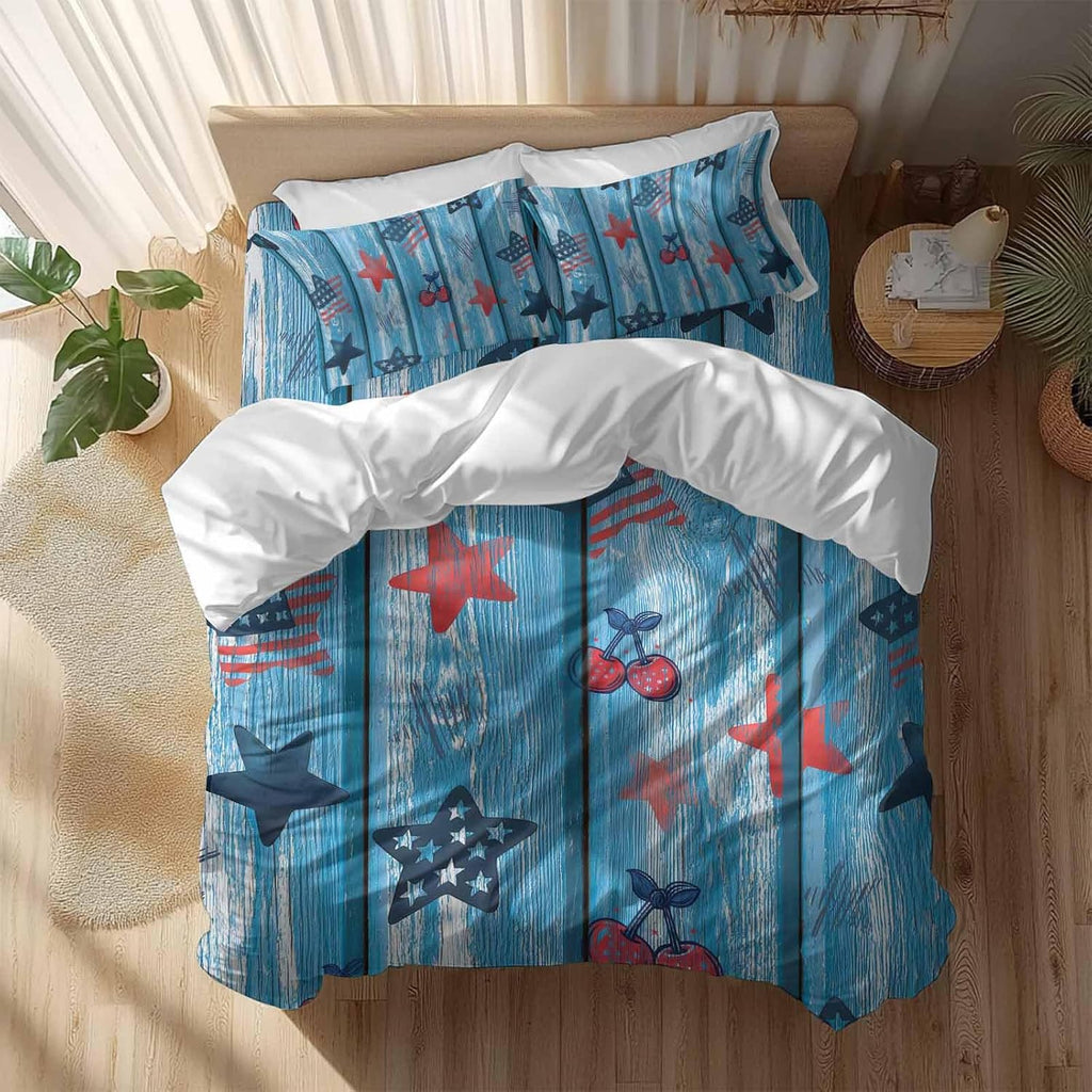 Independence Day Duvet Cover Set Queen Size 4 Pieces Graffiti Five-Pointed Star Blue Wood Grain Bedding Set with Zipper Closure, 1 Comforter Cover 90x92 Inches 1 Flat Sheet & 2 Pillow Cases