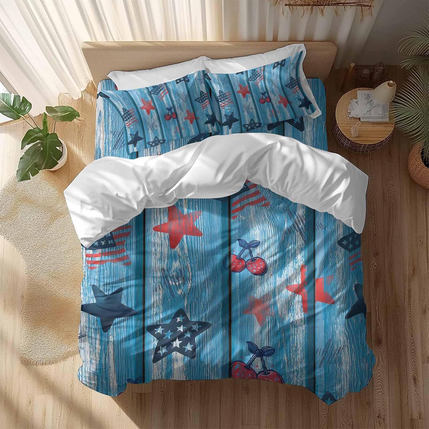 Independence Day Duvet Cover Set Queen Size 4 Pieces Graffiti Five-Pointed Star Blue Wood Grain Bedding Set with Zipper Closure, 1 Comforter Cover 90x92 Inches 1 Flat Sheet & 2 Pillow Cases