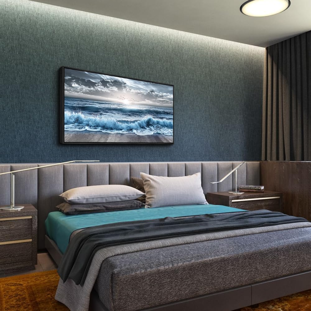 ERQINHUA Large Canvas Wall Decor For Bedroom Wall Art For Living Room Office Decor Blue Beach Sea Wave Paintings Sunrise Ocean Seascape Wall Pictures Artwork Modern Home Decor Black Frame 24x48 In