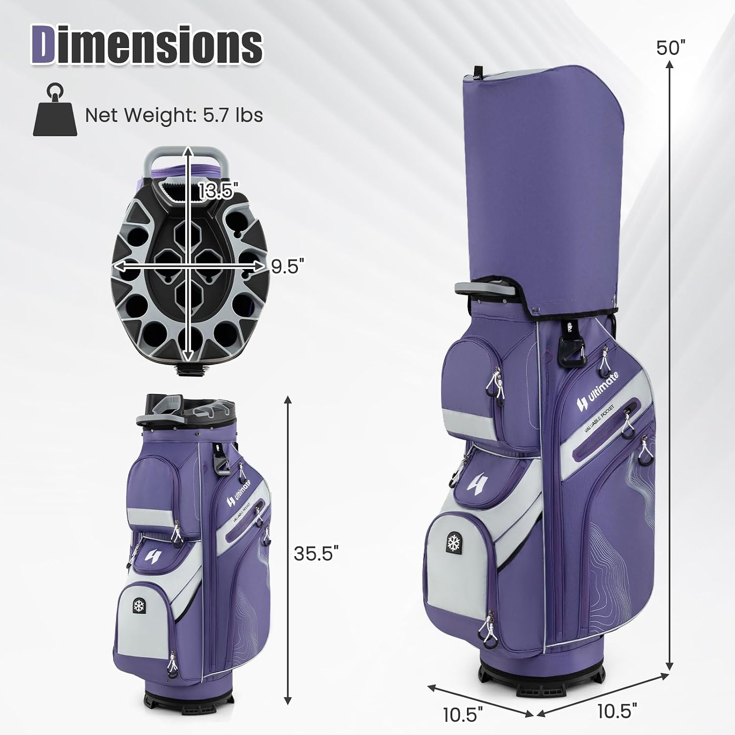 ULTIMATE 14-Way Golf Cart Bag, Golf Bag w/Molded Lock Top & Full Length Dividers, Portable Golf Club Bag w/11 Pockets, Cooler Bag, Padded Strap & Rain Hood for Men Women