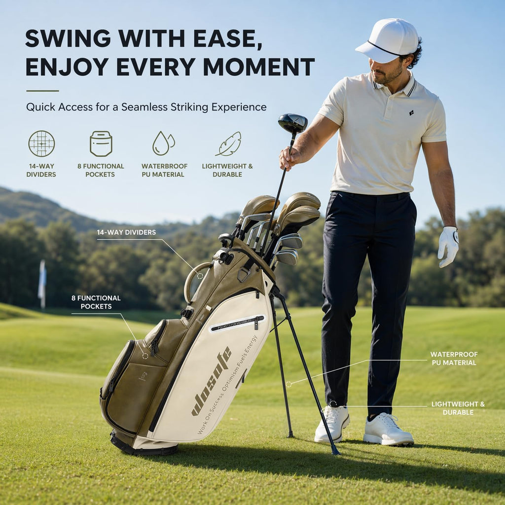 WOSOFE PU Golf Bag with 6/14 Way Top Dividers Automatically Adjustable Dual Straps Elegant Design for Men Women Pu Golf Stand Bag with Multiple Pockets