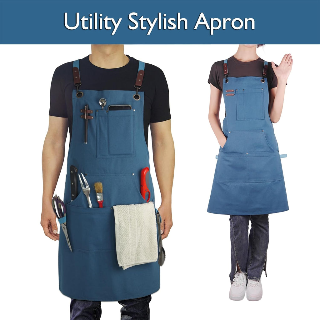 10 Pack Kitchen Aprons, Work Apron, Canvas, Multiple Pockets, Gardening, Painting, BBQ, Artist, Carpenter, Sizes M to XXL, Blue