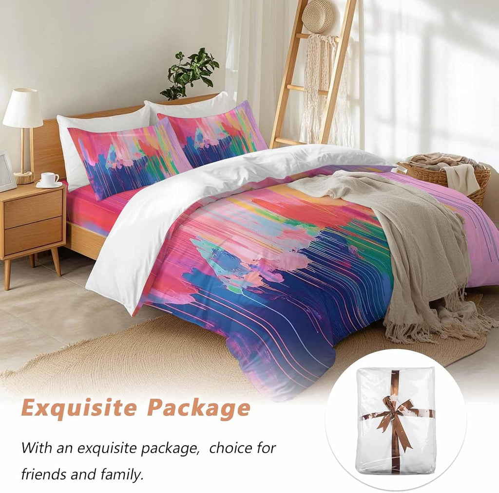 Prime Leader Colorful Abstract Duvet Cover Set Queen Size 4 Pieces Multicolor Fantasy Aesthetic Bedding Set with Zipper Closure, 1 Comforter Cover 90x92 Inches 1 Flat Sheet & 2 Pillow Cases