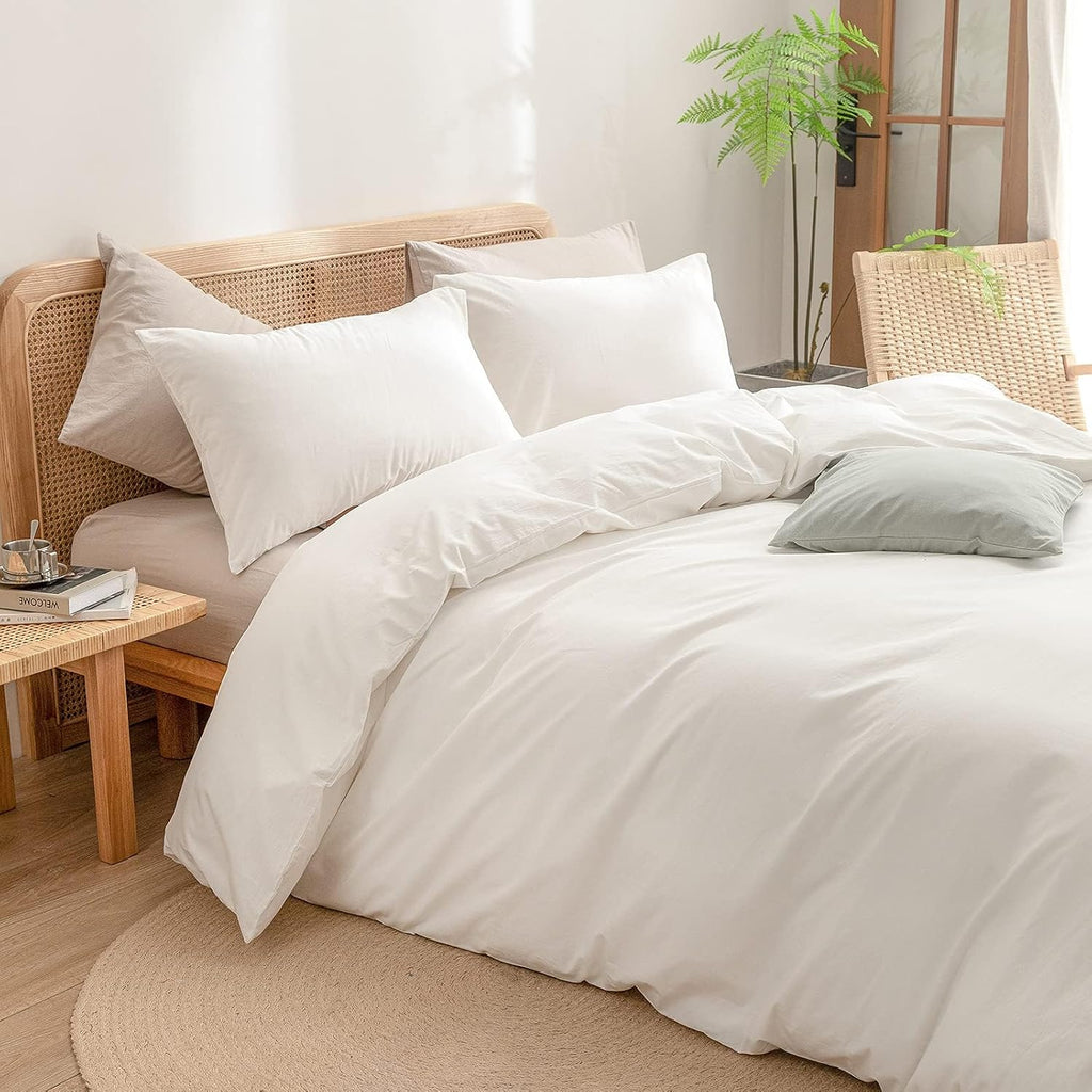 BESTOUCH Duvet Cover Set 100% Washed Cotton Linen Feel Super Soft Comfortable Chic Lightweight 3 PCs Home Bedding Set Solid Off White Alaska King