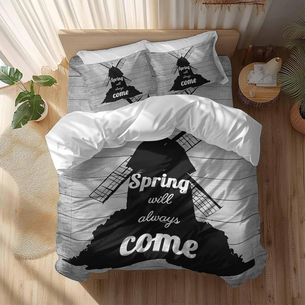 Black Windmill Duvet Cover Set Queen Size 4 Pieces Spring Will Always Come Letters Gray Wood Grain Bedding Set with Zipper Closure, 1 Comforter Cover 90x92 Inches 1 Flat Sheet & 2 Pillow Cases