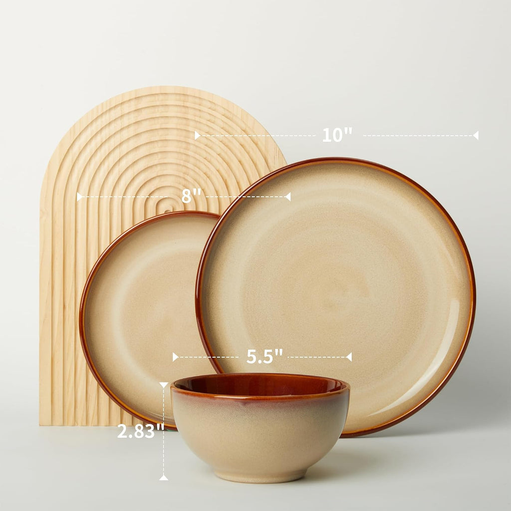 Pokini Ceramic Dishes Set for 8, 24 Piece Stoneware Dinnerware Sets, Chip and Scratch Resistant, Easy to Stack & Clean, Modern Rustic Look, Brown Yellow