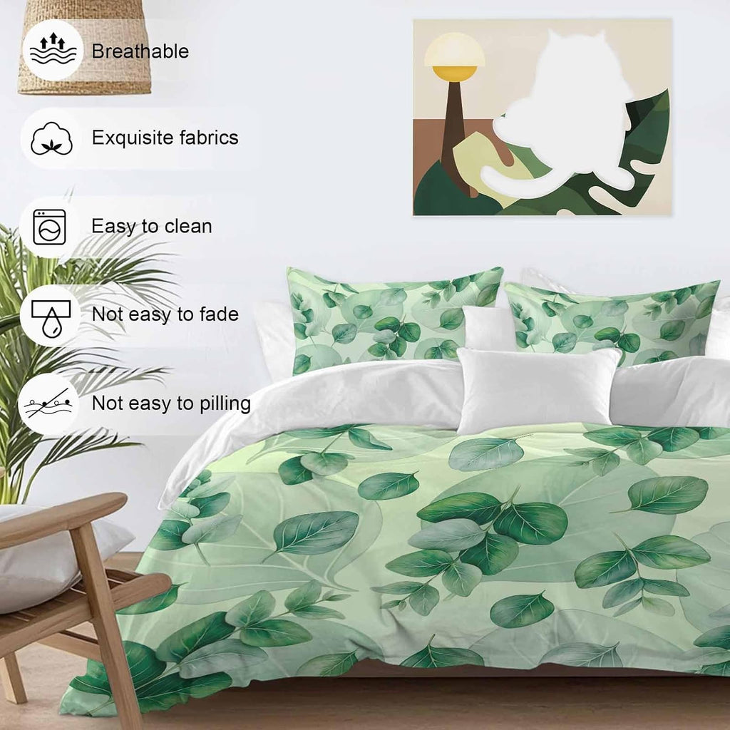 Green Leaf Duvet Cover Set Queen Size 4 Pieces Summer Green Eucalyptus Leaves Plants Farmhouse Bedding Set with Zipper Closure, 1 Comforter Cover 86x86 Inches 1 Flat Sheet & 2 Pillow Cases