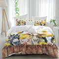 Farm Animal Duvet Cover Set Queen Size 4 Pieces Vintage Farmhouse Donkey Pig Cow Sunflower Leaf Wood Fence Bedding Set with Zipper Closure, 1 Comforter Cover 86x86 Inches 1 Flat Sheet & 2 Pillow Cases