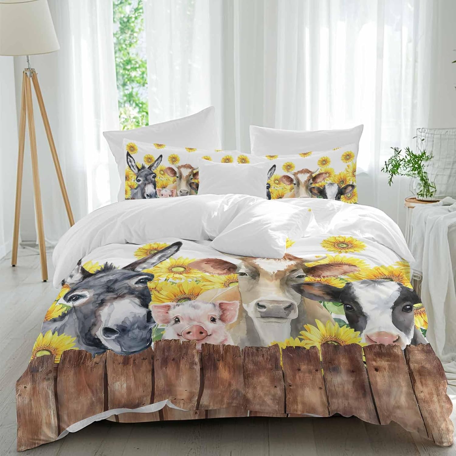 Farm Animal Duvet Cover Set Queen Size 4 Pieces Vintage Farmhouse Donkey Pig Cow Sunflower Leaf Wood Fence Bedding Set with Zipper Closure, 1 Comforter Cover 86x86 Inches 1 Flat Sheet & 2 Pillow Cases