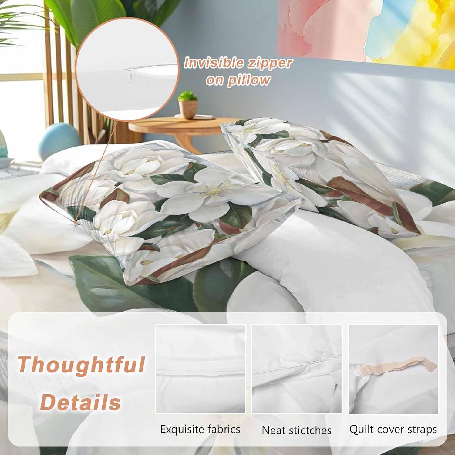 White Floral Duvet Cover Set Queen Size 4 Pieces Spring White Magnolia Vintage Plants Farmhouse Rustic Bedding Set with Zipper Closure, 1 Comforter Cover 90x92 Inches 1 Flat Sheet & 2 Pillow Cases