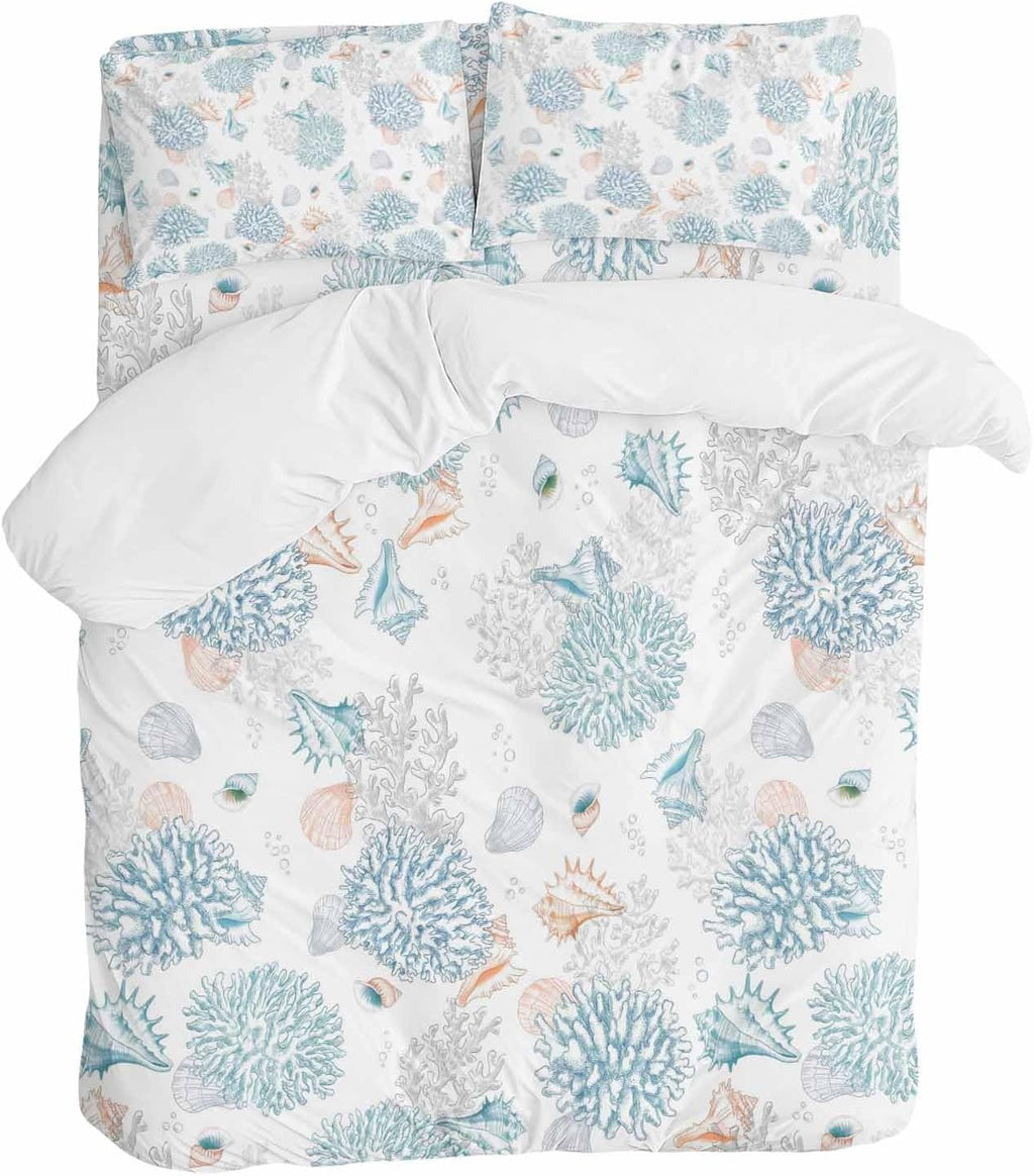 Summer Marine Life Duvet Cover Set Queen Size 4 Pieces Ocean Blue Coral Shells Coastal Conch Bedding Set with Zipper Closure, 1 Comforter Cover 92x106 Inches 1 Flat Sheet & 2 Pillow Cases