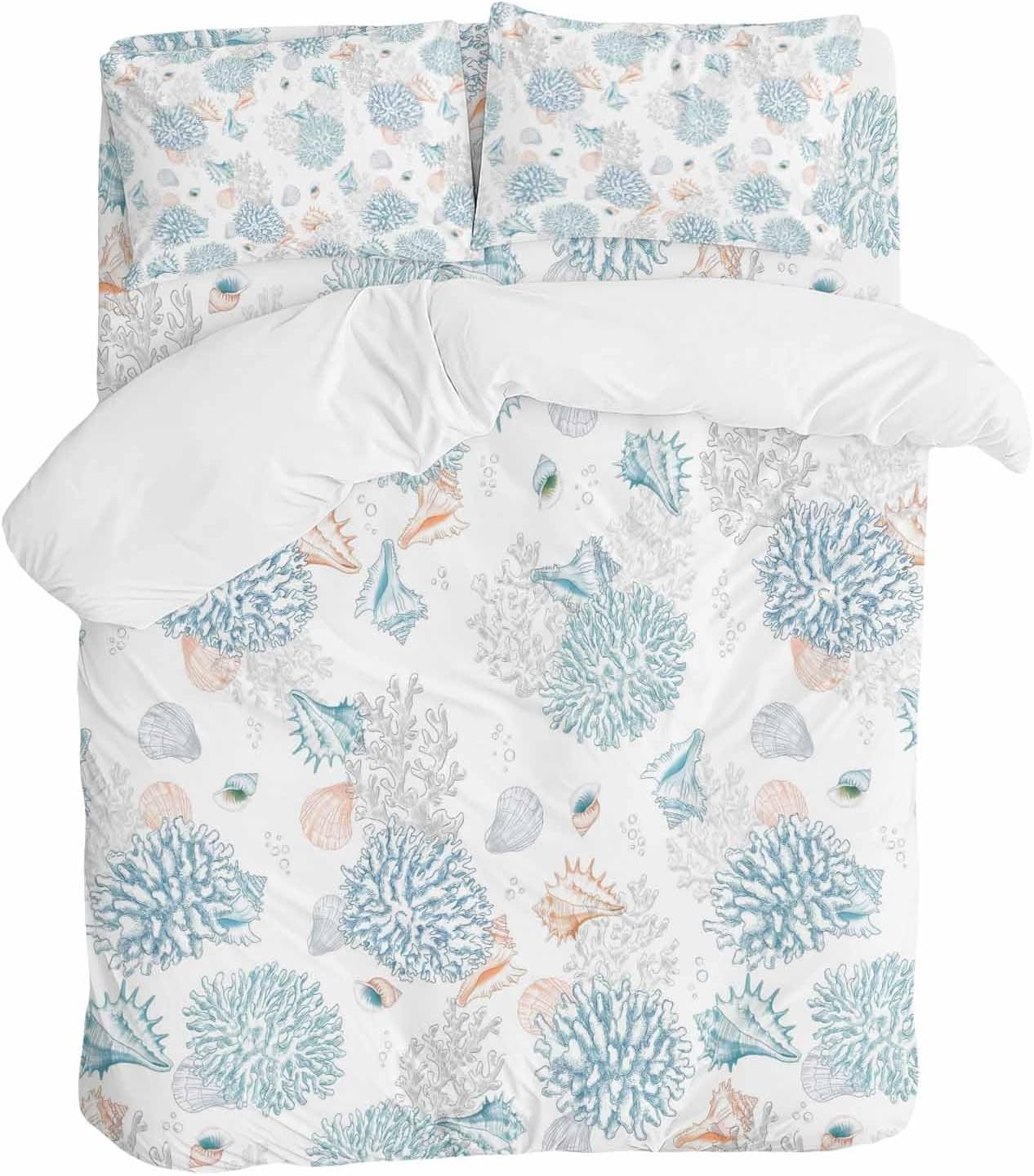 Summer Marine Life Duvet Cover Set Queen Size 4 Pieces Ocean Blue Coral Shells Coastal Conch Bedding Set with Zipper Closure, 1 Comforter Cover 92x106 Inches 1 Flat Sheet & 2 Pillow Cases