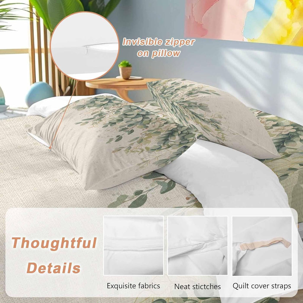 Prime Leader Green Eucalyptus Leaves Duvet Cover Set Queen Size 4 Pieces Flower Vintage Linen Texture Bedding Set with Zipper Closure, 1 Comforter Cover 92x106 Inches 1 Flat Sheet & 2 Pillow Cases
