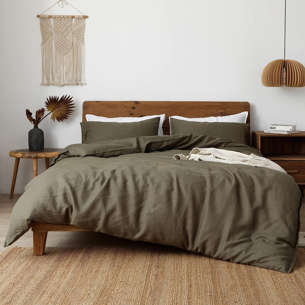 XZ XIFA Olive Green Linen Duvet Cover Full, 100% Washed French Flax Linen Bedding Set with Zipper Closure, Cooling & Textured Bed Sets for Hot Sleepers(1 Duvet Cover, 2 Pillowcases)