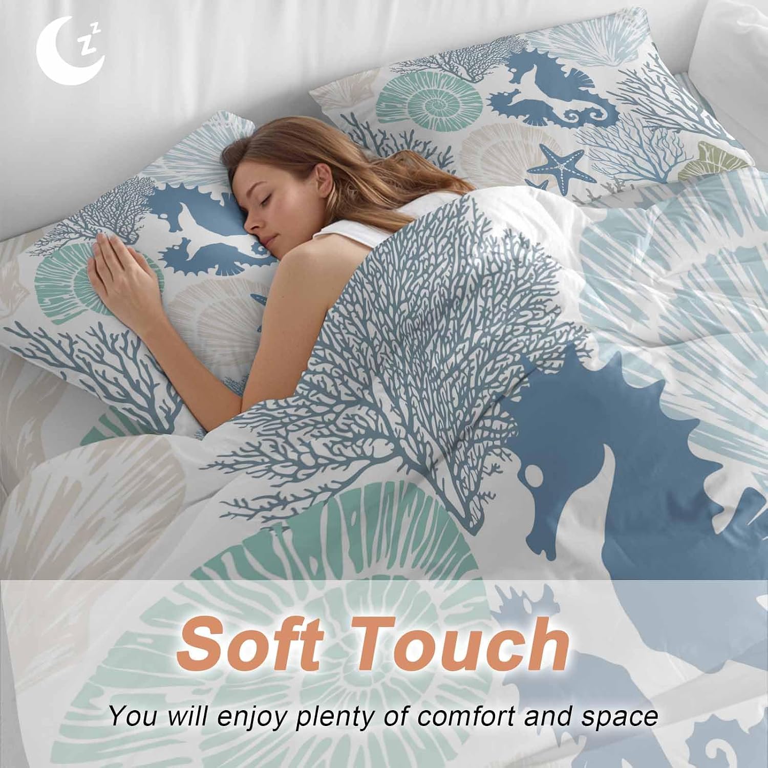 Blue Ocean Seahorse Duvet Cover Set Queen Size 4 Pieces Nautical Sea Watercolor Teal Shells Coral Starfish Bedding Set with Zipper Closure,1 Comforter Cover 92x106 Inches 1 Flat Sheet & 2 Pillow Cases