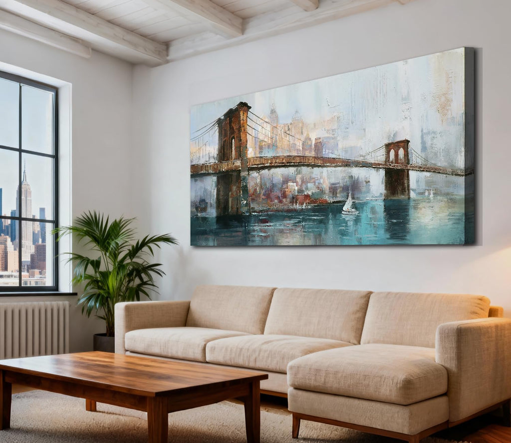 Acocifi New York Brooklyn Bridge Canvas Wall Art for Living Room 58'x29', Modern NYC Skyline Painting Abstract Cityscape Picture, Large Textured Artwork Framed for Bedroom Men Office Home Decor