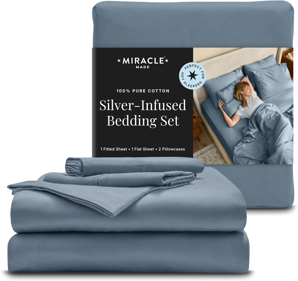 Miracle Made Breathable Cotton Bed Sheets, 4-Piece Set – Silver-Treated, Soft and Cool-to-the-Touch Lightweight Bedding Designed for Hot Sleepers – Queen Size, Slate Blue