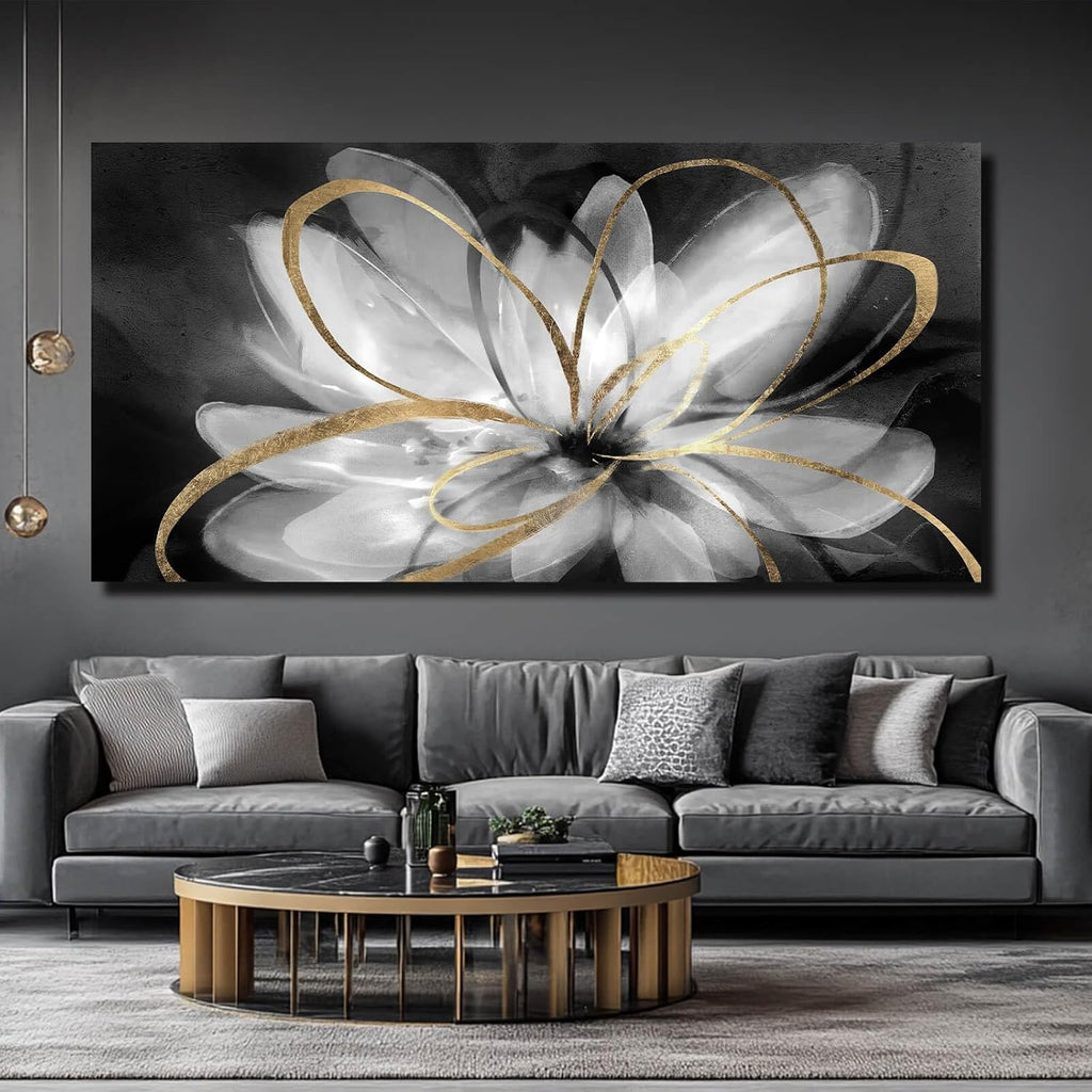SOUGUAN Flower Large Artwork Gold Wall Decor White Canvas Paintings for Living Room Bedroom Kitchen Office 30'x 60'