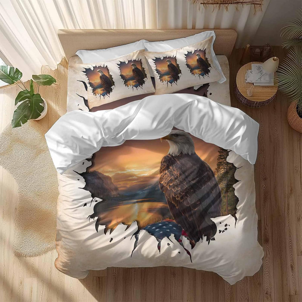 Independence Day Duvet Cover Set Queen Size 4 Pieces Eagle Retro American Flag Sunset Country Bedding Set with Zipper Closure, 1 Comforter Cover 90x92 Inches 1 Flat Sheet & 2 Pillow Cases