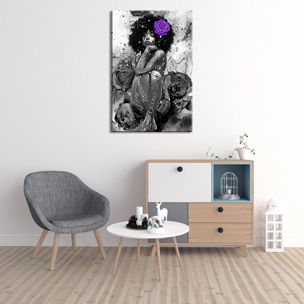 ZHIYYHAO Black and White Black Girl Wearing Purple Rose On Head Yoga Wall Decor Framed Modern Artwork Unique Gift Idea for Women Girls and Art Lovers （AW-11，42.00L X28.00W''）