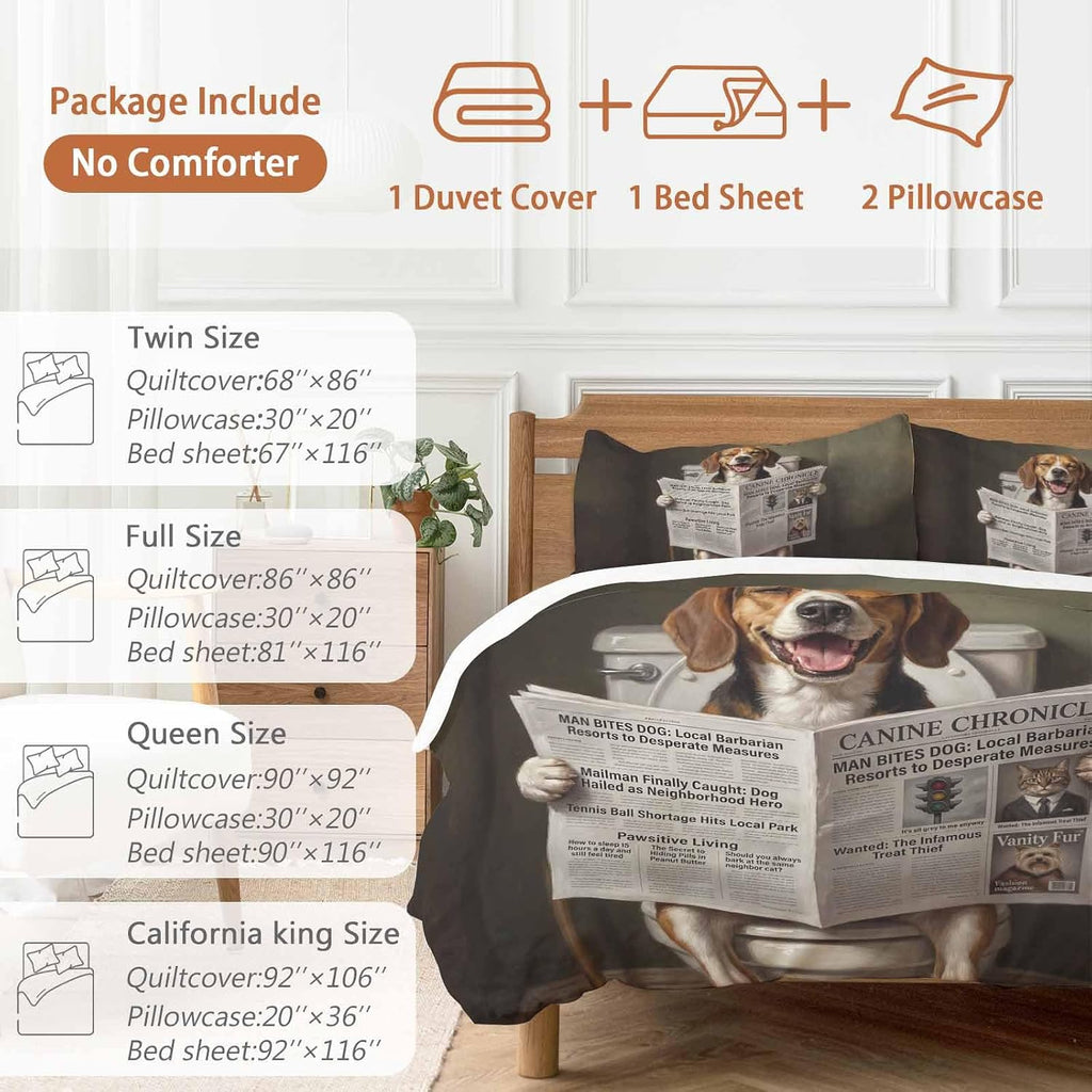 Prime Leader Funny Dog Puppy Duvet Cover Set Queen Size 4 Pieces Cute Beagle Cartoon Newspaper Toilet Bedding Set with Zipper Closure, 1 Comforter Cover 90x92 Inches 1 Flat Sheet & 2 Pillow Cases