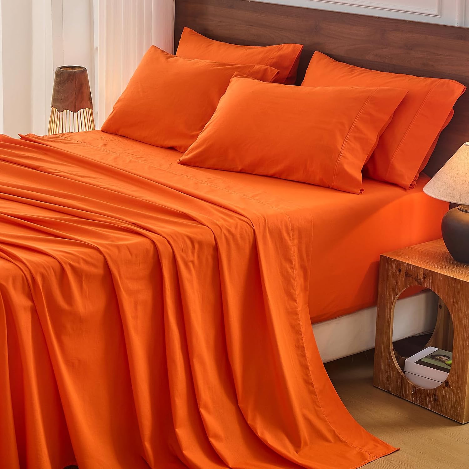 Bedlifes 100% French Flax Linen Sheets Set Queen Size - 6 Piece Extra Deep Pocket 18-24',Soft Breathable Queen Bed Sheets with Temperature Regulating & Moisture-Wicking(Orange