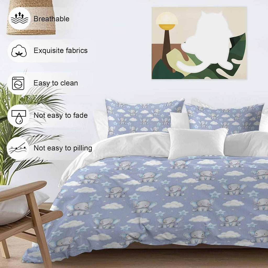 Blue Dreamy Elephant Duvet Cover Set Queen Size 4 Pieces Cartoon Animal Cloud Stars Fairytale Style Bedding Set with Zipper Closure, 1 Comforter Cover 90x92 Inches 1 Flat Sheet & 2 Pillow Cases
