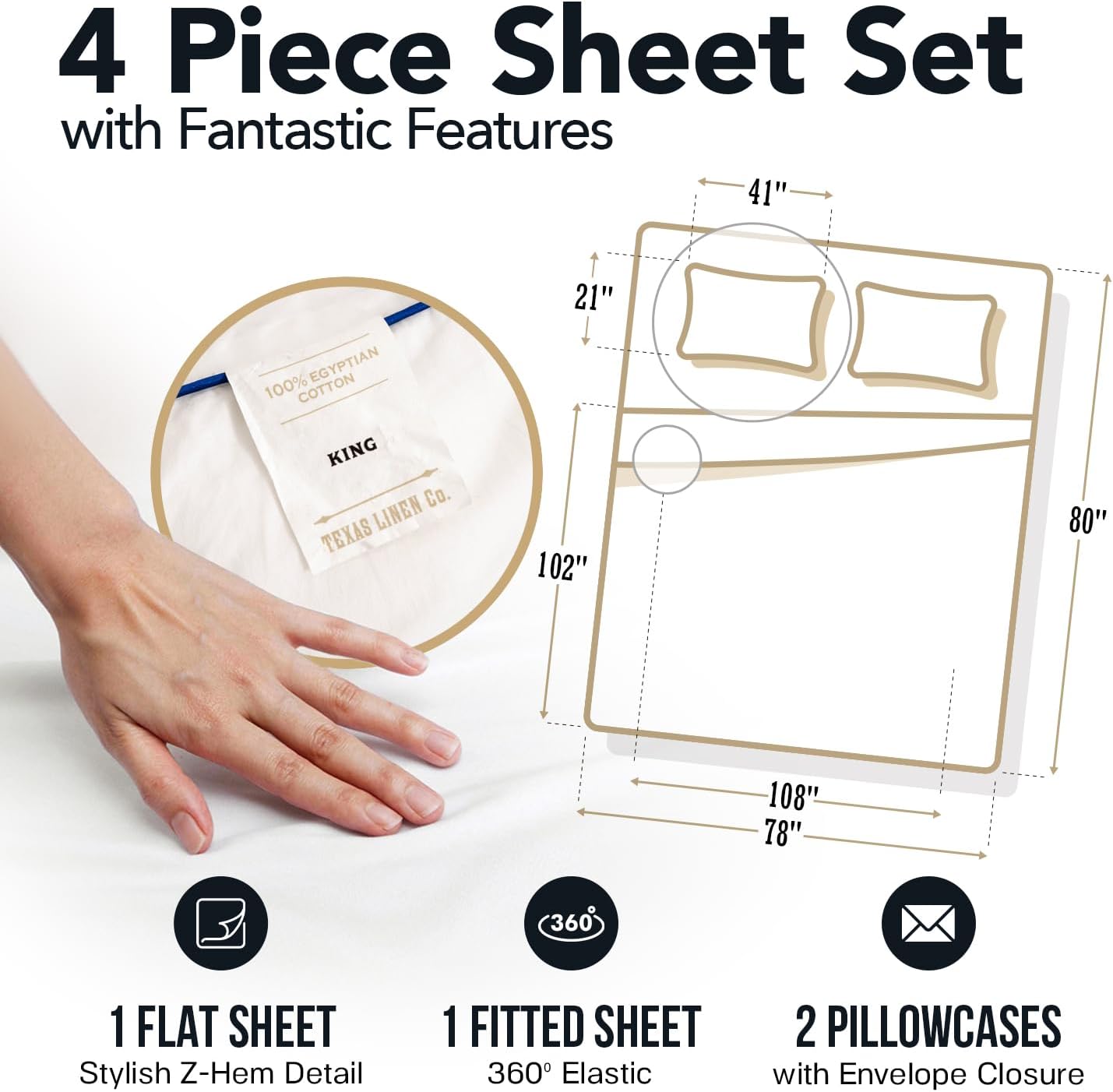 TEXAS LINEN CO. 100% Egyptian Cotton King Sheets Set - Luxury 1500 Series Couture Comfortin' Collection Egyptian Cotton Sheets King Size Bed Set (4 PC, White), 17' Deep Pocket, Hotel Bedding Set