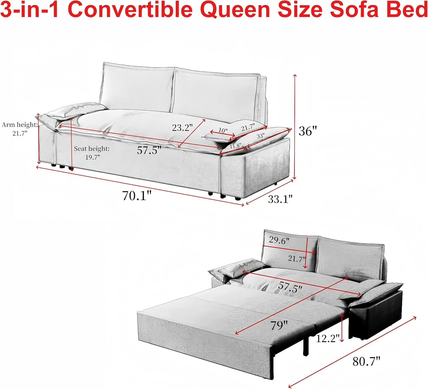 WILLIAMSPACE 73.2' Queen Pull Out Sofa Bed, 3-in-1 Velvet Convertible Sleeper Sofa Couch with 2 Soft Pillows, Multi-Functional Loveseat Bed Pull Out Couch for Living Room, Apartment (Black)