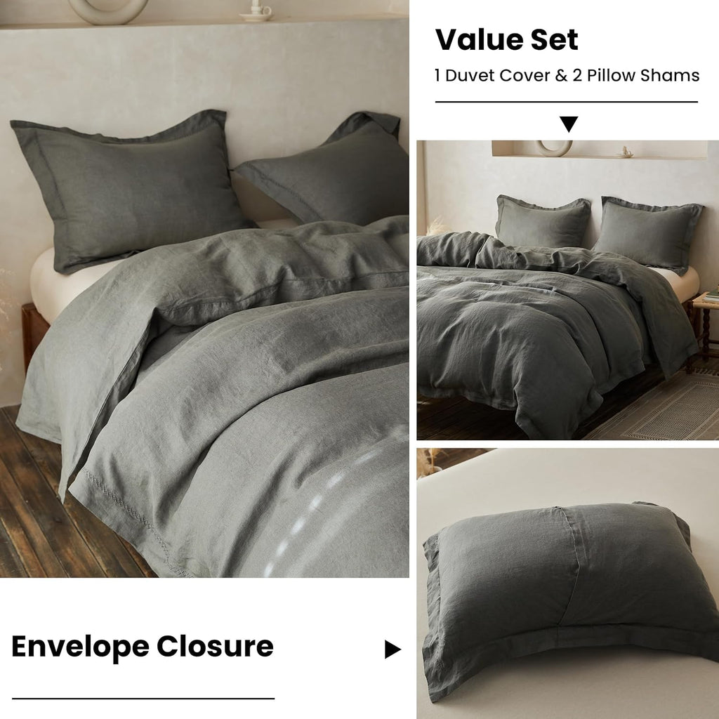 Simple&Opulence 100% Linen Duvet Cover Set with Crossed Embroidery Washed - 3 Pieces (1 Duvet Cover with 2 Pillow Shams) Soft Breathable Farmhouse - Cushing Green, Queen Size