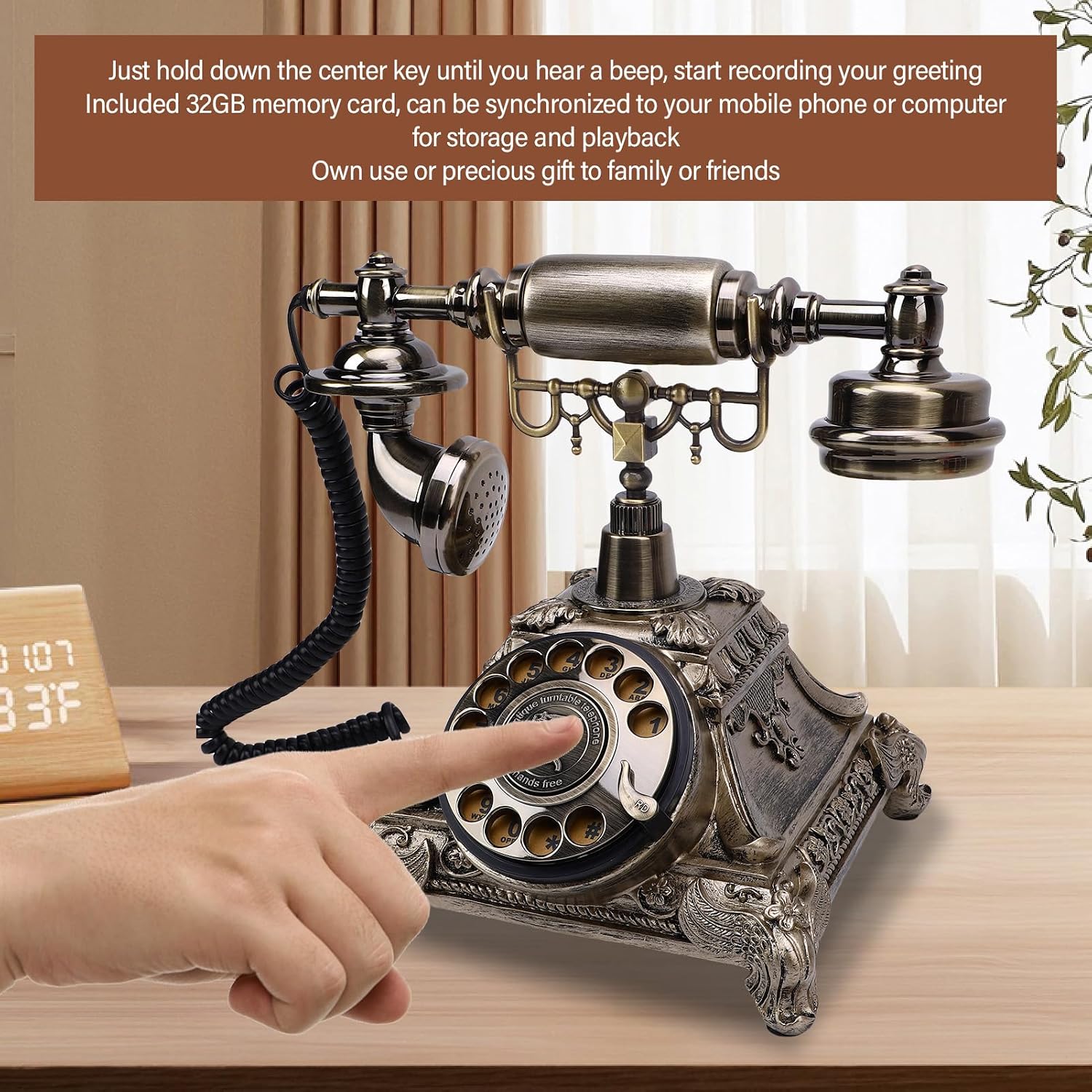 PUSOKEI Audio Guest Book Wedding Phone, Vintage Audio Guestbook Phone with Recording Function - 32GB Memory Retro Message Keeper for Wedding Anniversary Party Gift (Antique Brass Color)